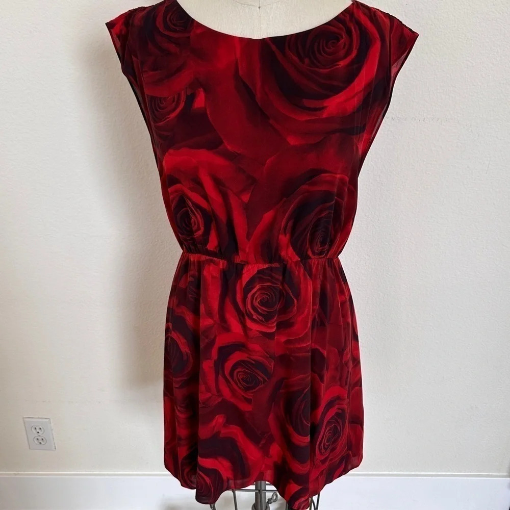 Alice + Olivia Silk Rose Print Sleeveless Dress in Rich Red - EUC - Size Large